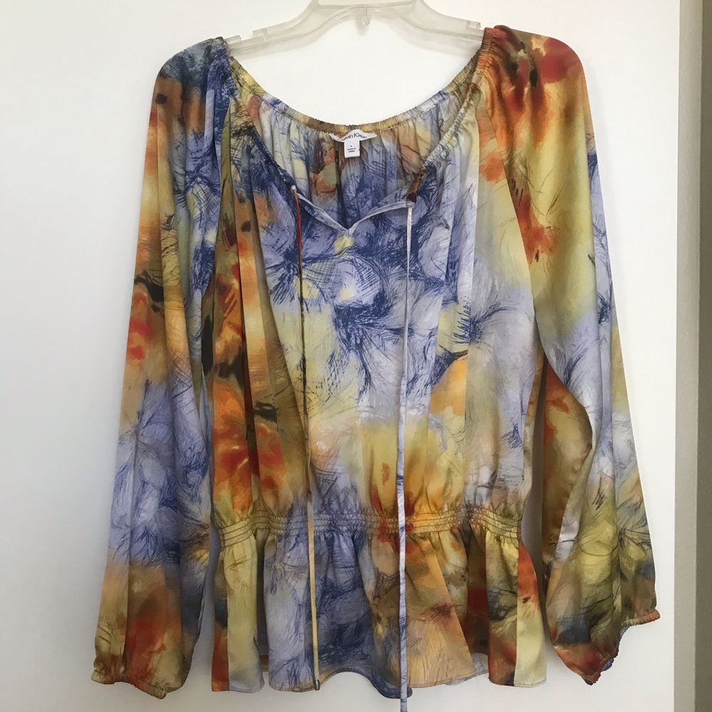 Calvin Klein satin blue and yellow colored top